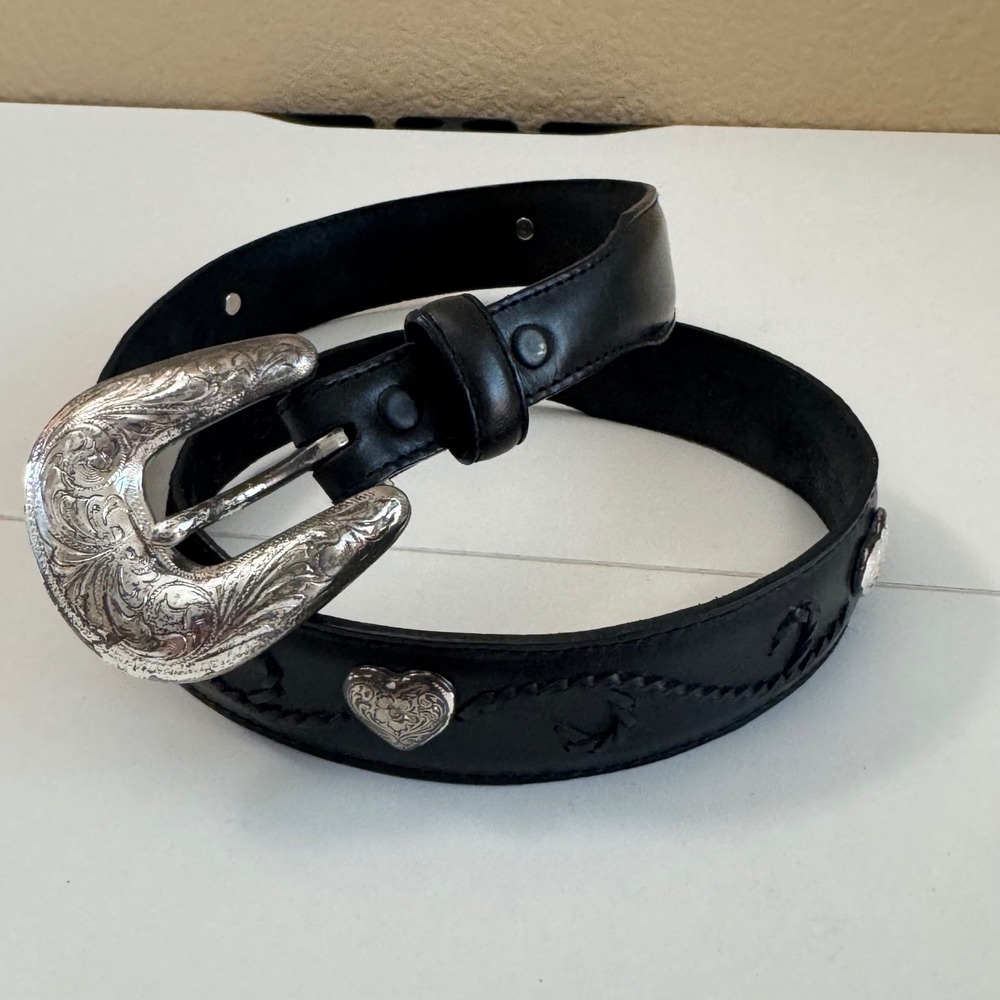 Tony Lama Black Leather Western Heart Concho Belt Silver Engraved Buckle 30 7593